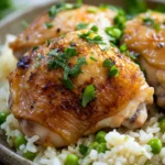 Close-up of a delicious chicken and rice dish with herbs, perfect for dinner.