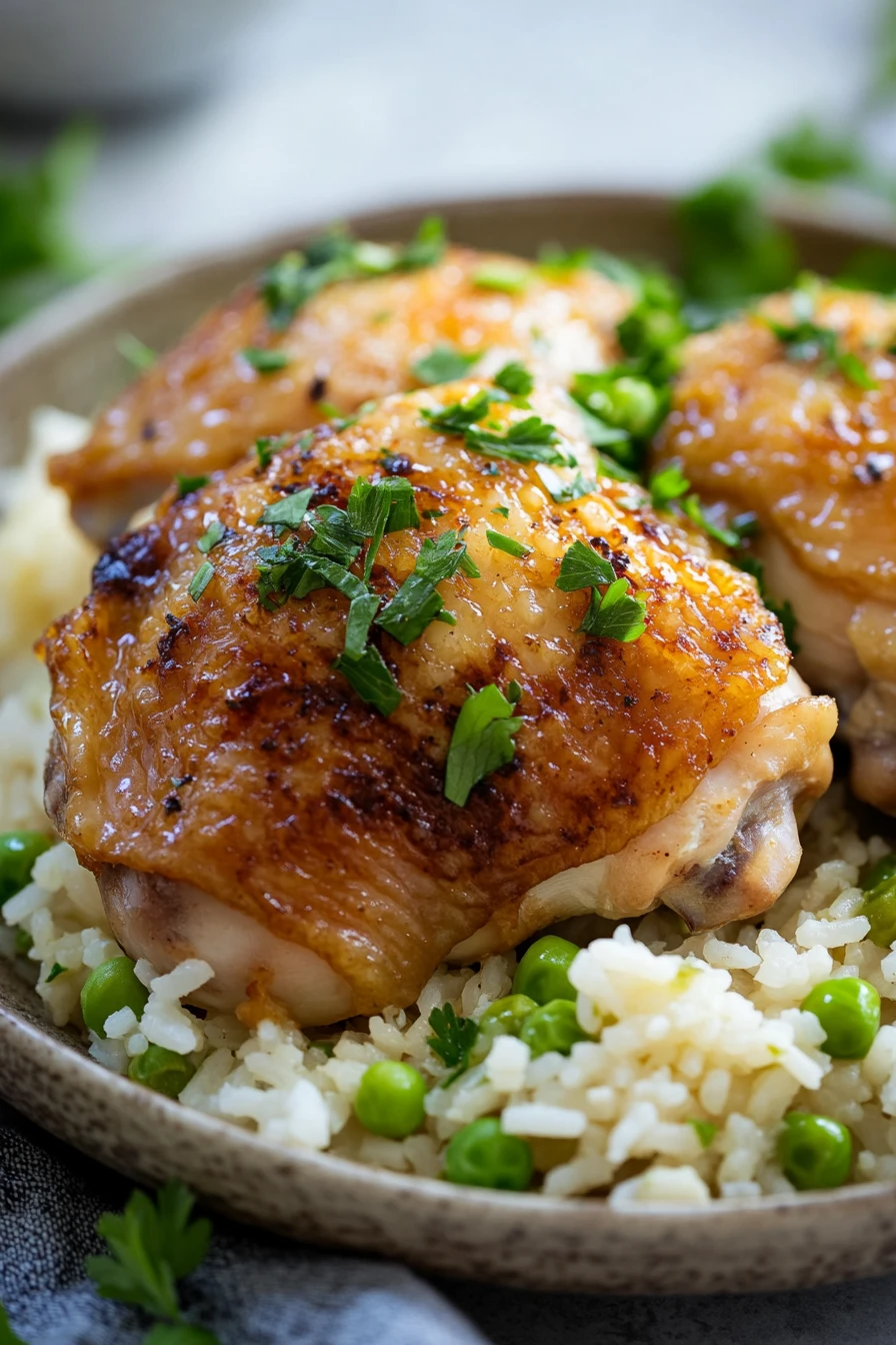 Close-up of a delicious chicken and rice dish with herbs, perfect for dinner.