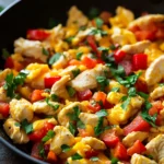 Close-up of chicken breast with creamy sauce on a clean plate, perfect for breakfast.
