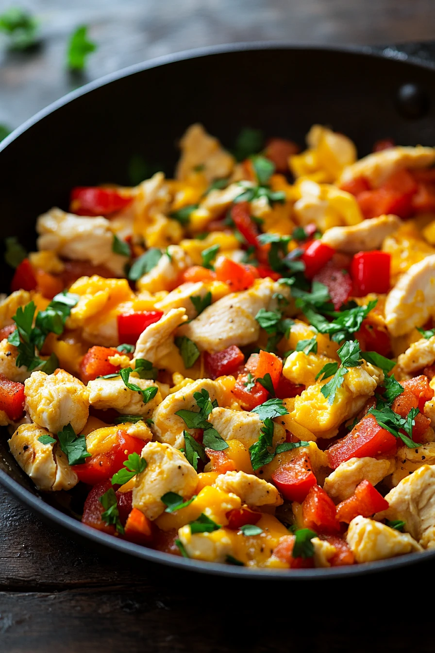 Close-up of chicken breast with creamy sauce on a clean plate, perfect for breakfast.
