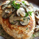 Close-up of chicken breast with mushrooms in a creamy sauce, garnished with herbs.