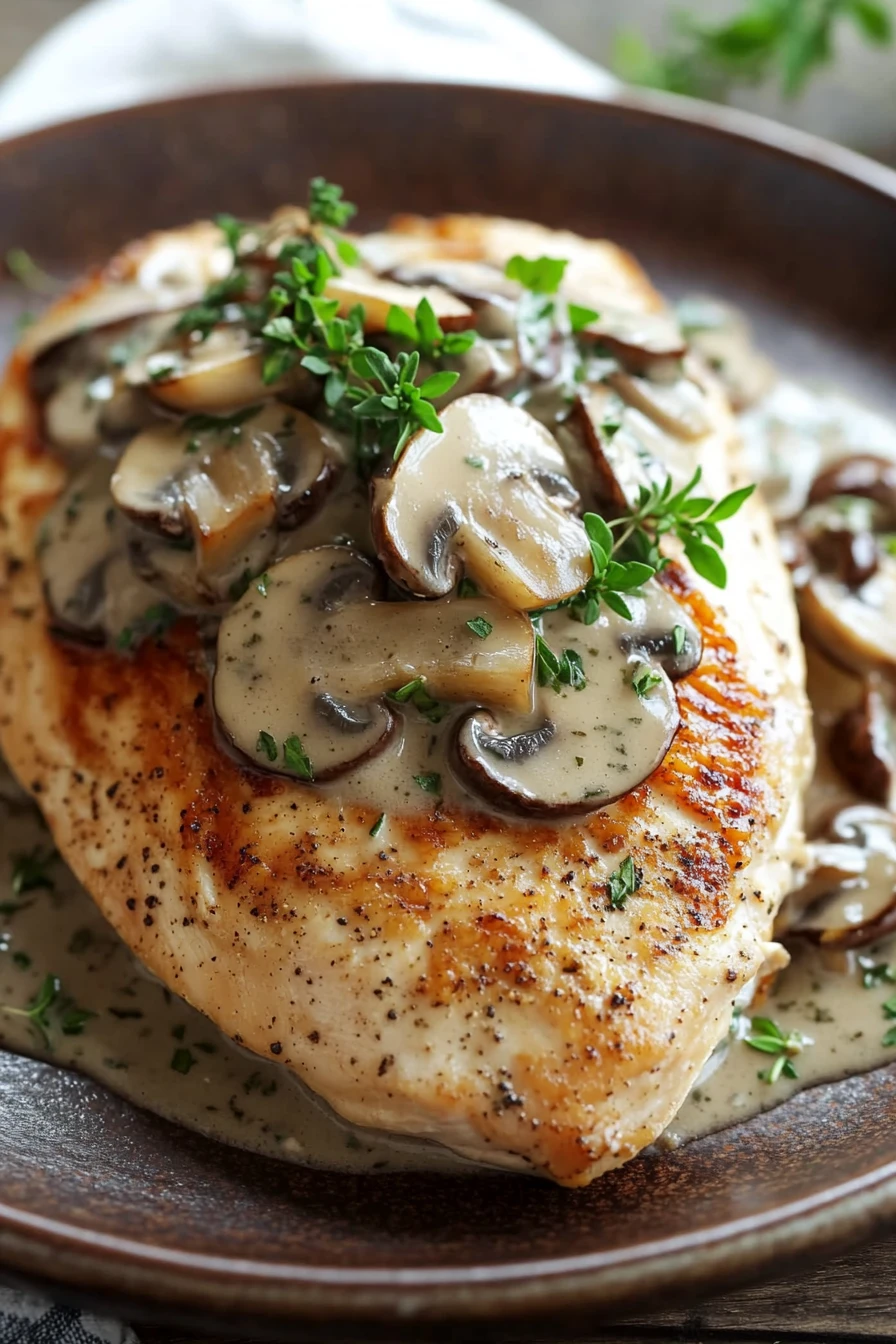 Close-up of chicken breast with mushrooms in a creamy sauce, garnished with herbs.