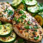 Close-up of grilled chicken breast with zucchini slices on a white plate