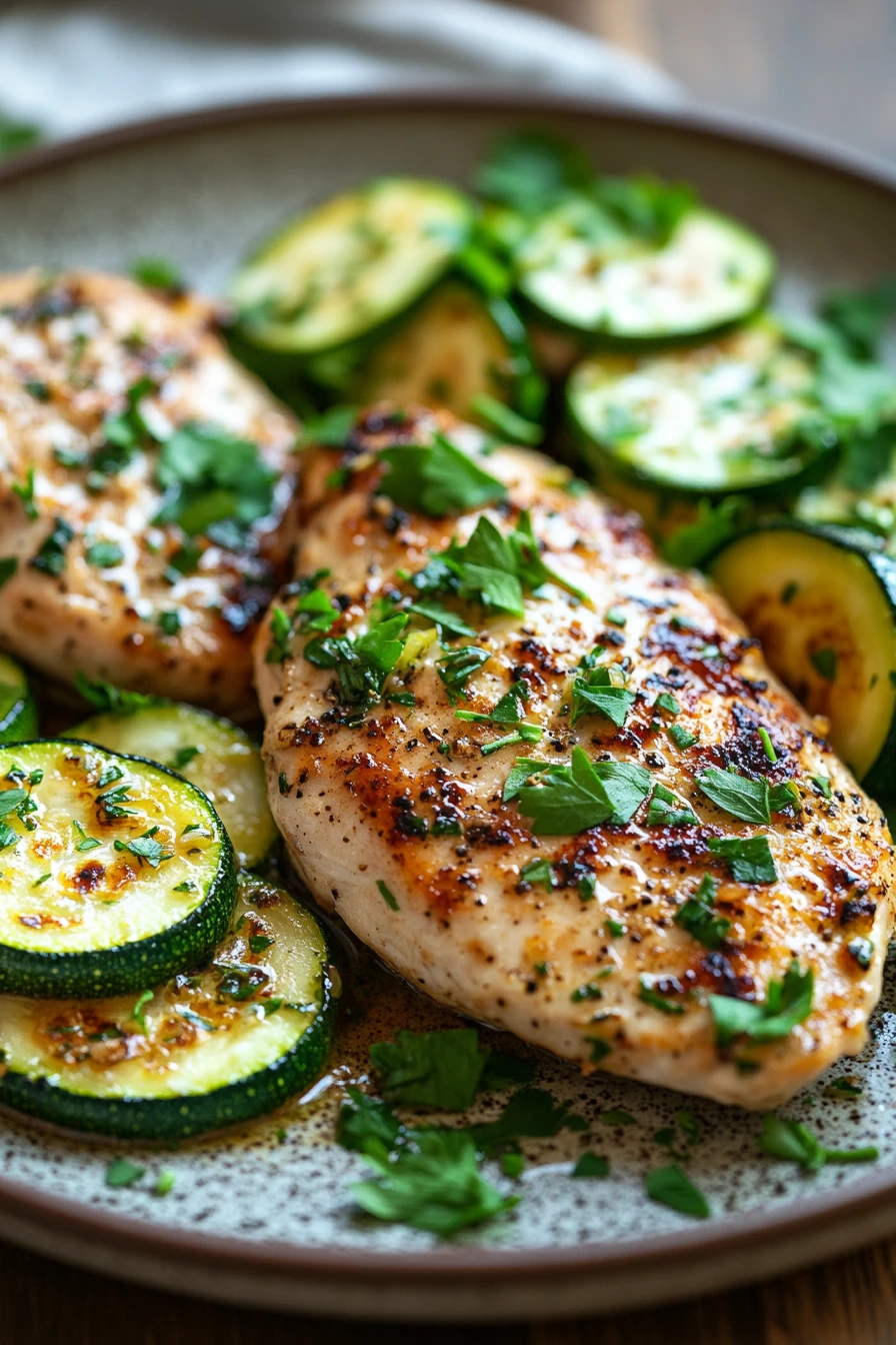 Close-up of grilled chicken breast with zucchini slices on a white plate