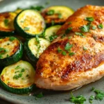 Close-up of a chicken breast with zucchini, garnished with herbs, on a clean plate.