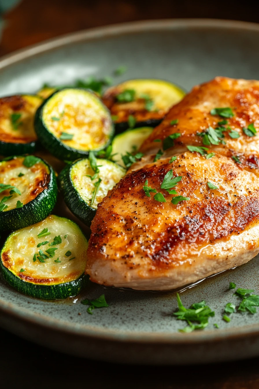 Close-up of a chicken breast with zucchini, garnished with herbs, on a clean plate.