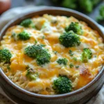 Close-up of a chicken broccoli casserole with melted cheese and broccoli florets