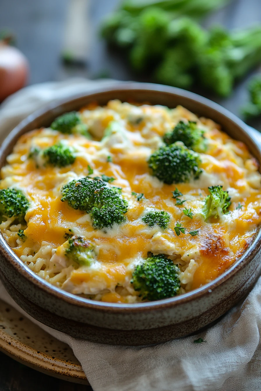 Close-up of a chicken broccoli casserole with melted cheese and broccoli florets