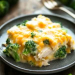 Close-up of a chicken broccoli casserole with a golden crust, low calorie