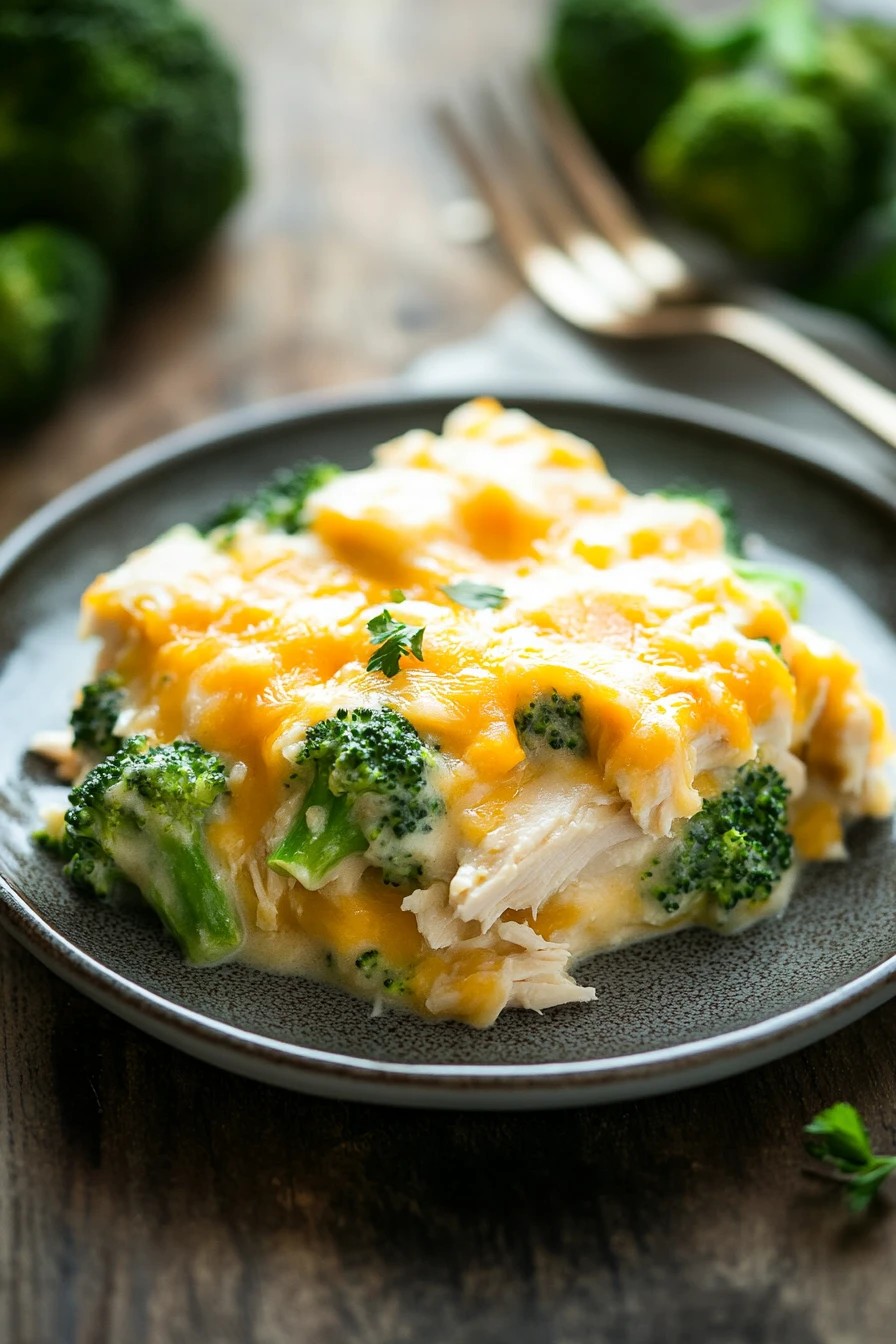 Close-up of a chicken broccoli casserole with a golden crust, low calorie