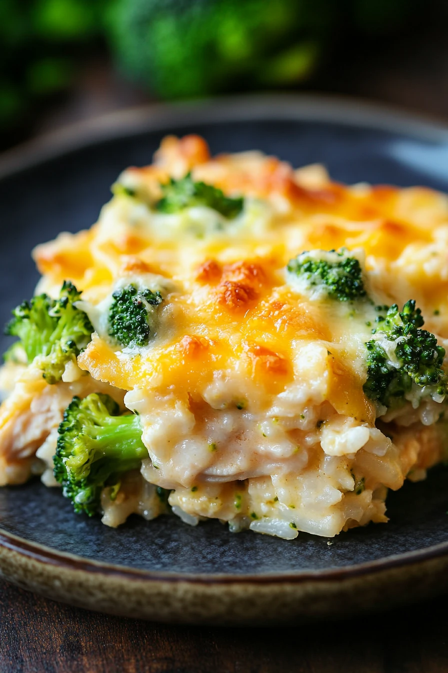 Chicken Broccoli Casserole Rice That Warms You Up on a Busy Night 2 Close-up of chicken broccoli casserole rice with creamy sauce and herbs
