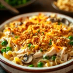 Close-up of chicken casserole with egg noodles, creamy sauce, and herbs