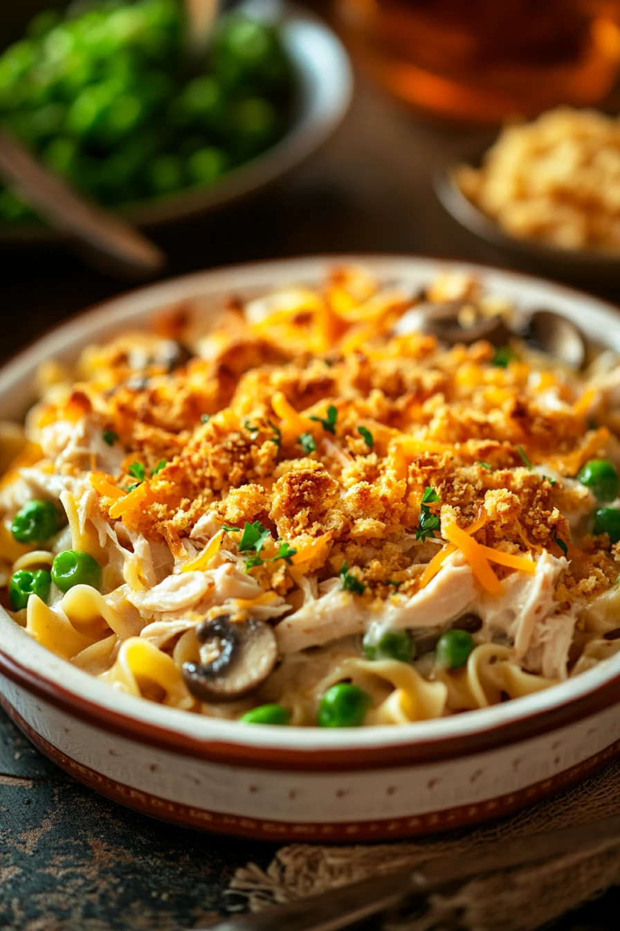 Close-up of chicken casserole with egg noodles, creamy sauce, and herbs