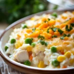 Close-up of a chicken rice and vegetables casserole with bright colors and clean presentation.