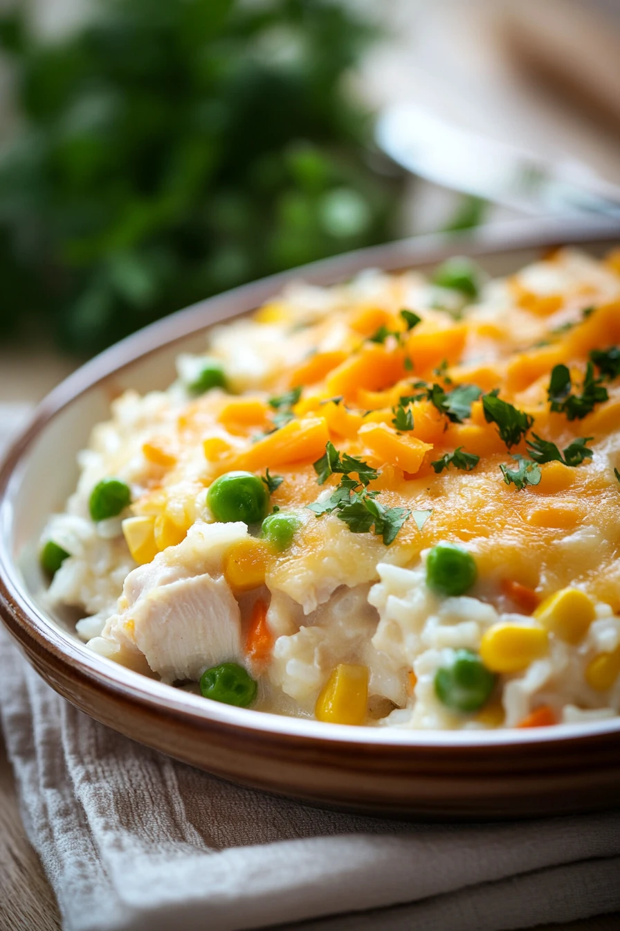 Close-up of a chicken rice and vegetables casserole with bright colors and clean presentation.