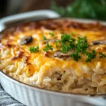 Close-up of a chicken rice casserole with creamy sauce and herbs