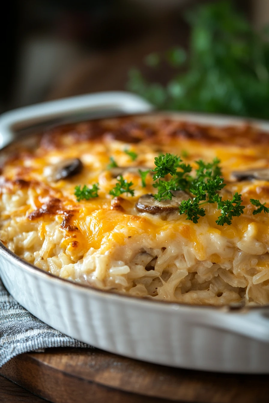 Close-up of a chicken rice casserole with creamy sauce and herbs