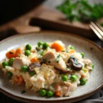 Close-up of chicken rice casserole with visible rice and chicken pieces, no cheese