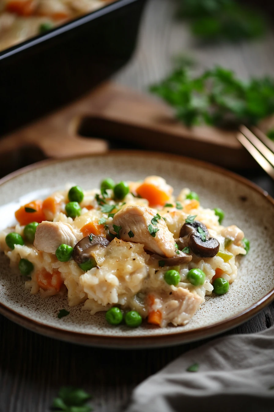 Close-up of chicken rice casserole with visible rice and chicken pieces, no cheese