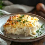 Close-up of chicken rice casserole topped with melted parmesan cheese