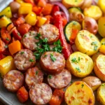 Close-up of a chicken sausage sheet pan with roasted vegetables in bright natural lighting.