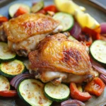 Close-up of a chicken sheet pan dinner with zucchini, featuring bright and natural lighting.