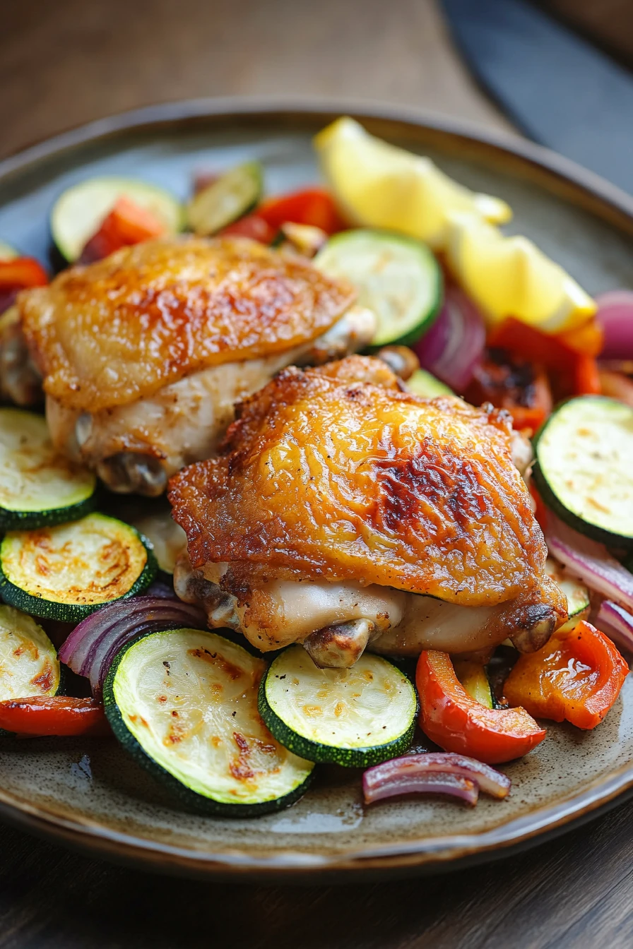 Close-up of a chicken sheet pan dinner with zucchini, featuring bright and natural lighting.