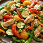 Close-up of chicken stir fry with vegetables on a sheet pan with bright colors