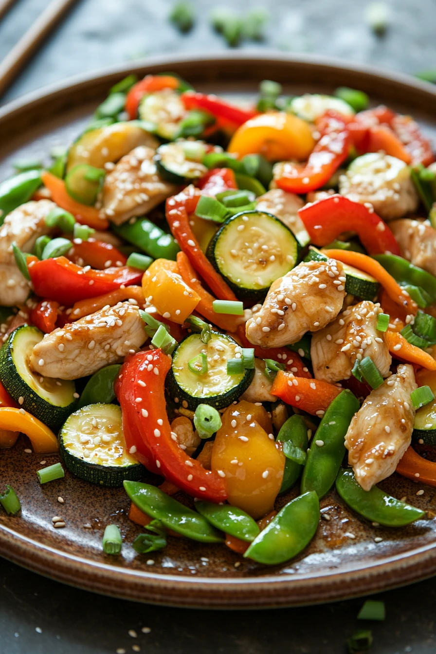 Close-up of chicken stir fry with vegetables on a sheet pan with bright colors