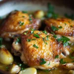Close-up of chicken under a skillet with lemon pan sauce, garnished with herbs