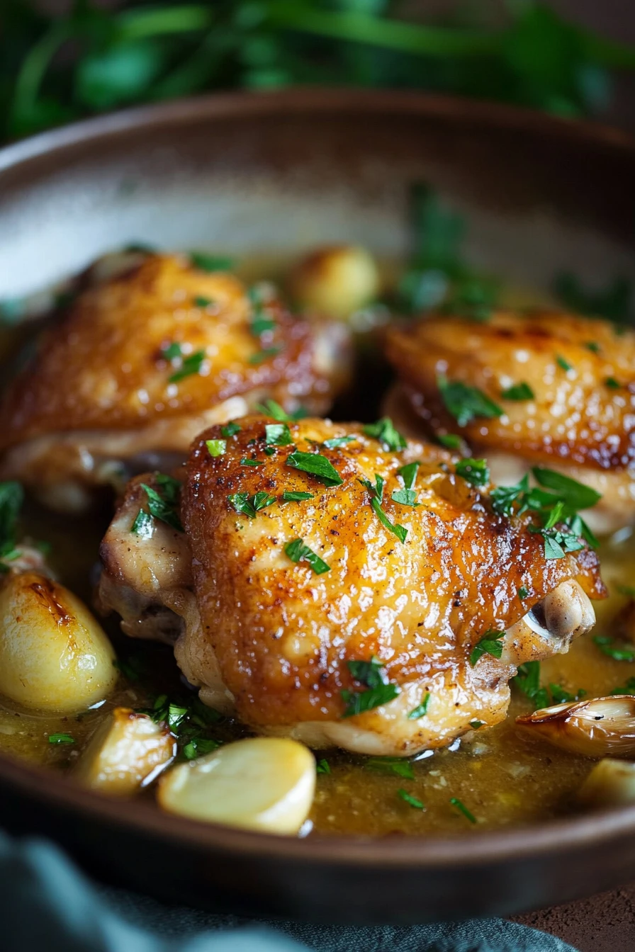 Close-up of chicken under a skillet with lemon pan sauce, garnished with herbs