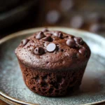 Close-up of a chocolate muffin without oil on a clean background, showcasing rich textures and appetizing appearance.
