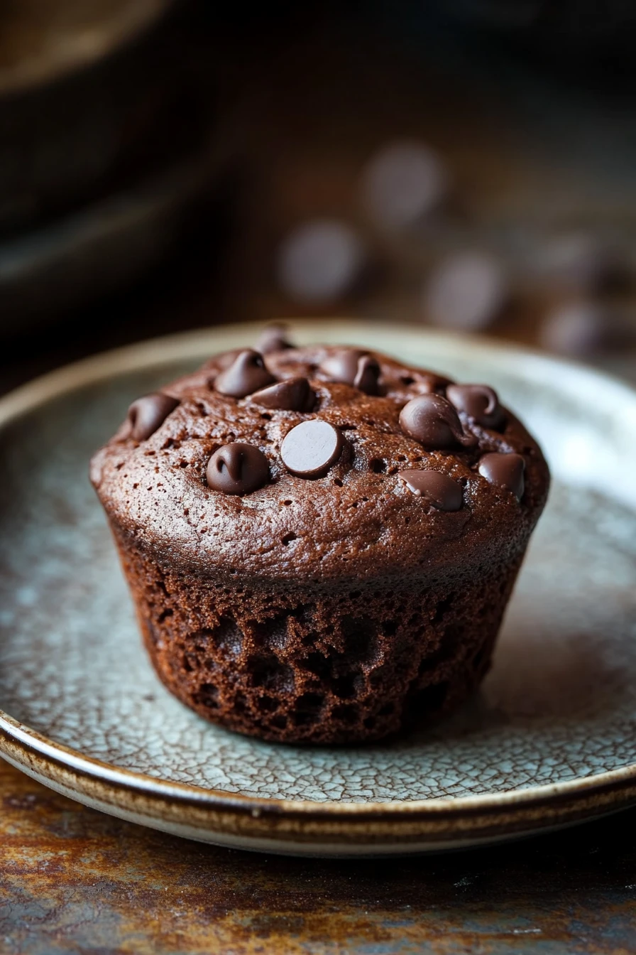 Close-up of a chocolate muffin without oil on a clean background, showcasing rich textures and appetizing appearance.