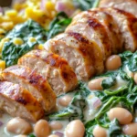 Close-up of a creamy bean and spinach chicken sausage skillet with vibrant colors and textures.