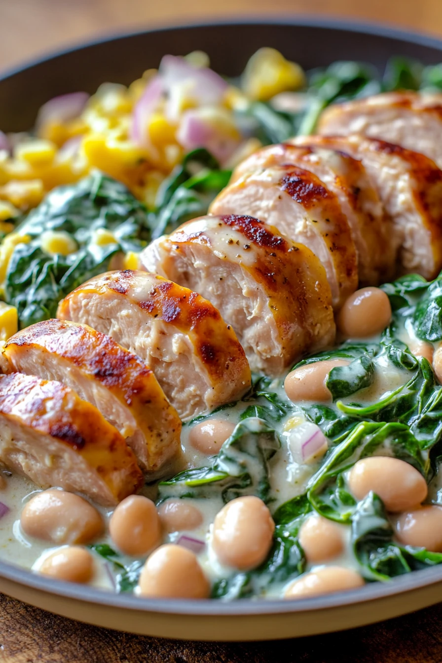 Close-up of a creamy bean and spinach chicken sausage skillet with vibrant colors and textures.