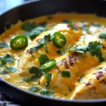 Close-up of a creamy jalapeño chicken skillet with bright, natural lighting.
