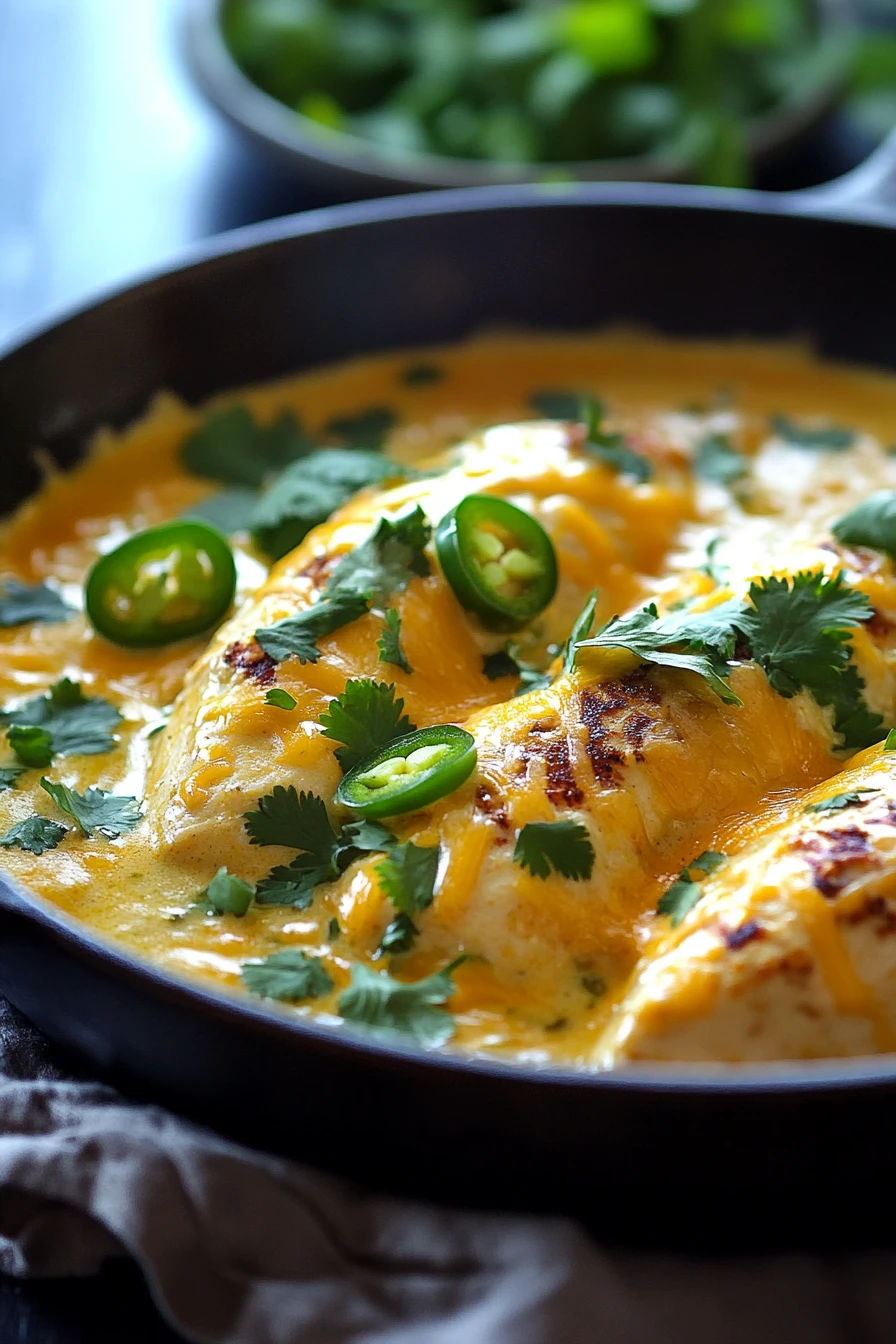 Close-up of a creamy jalapeño chicken skillet with bright, natural lighting.