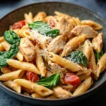 Close-up of creamy one pot chicken pasta with herbs in a white bowl.