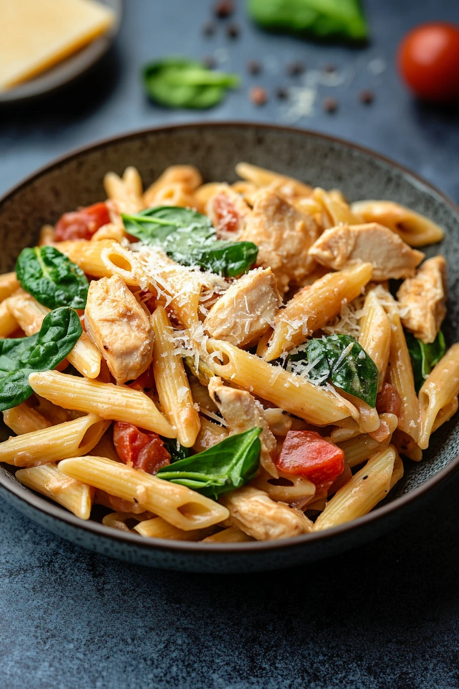 Close-up of creamy one pot chicken pasta with herbs in a white bowl.