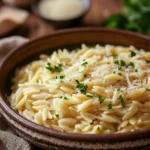 Close-up of creamy one pot orzo with visible textures and bright lighting