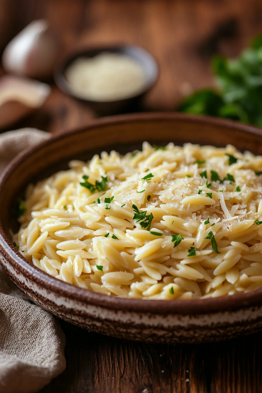 Close-up of creamy one pot orzo with visible textures and bright lighting