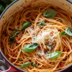 Close-up of creamy one pot pasta in a dutch oven with cheese and herbs