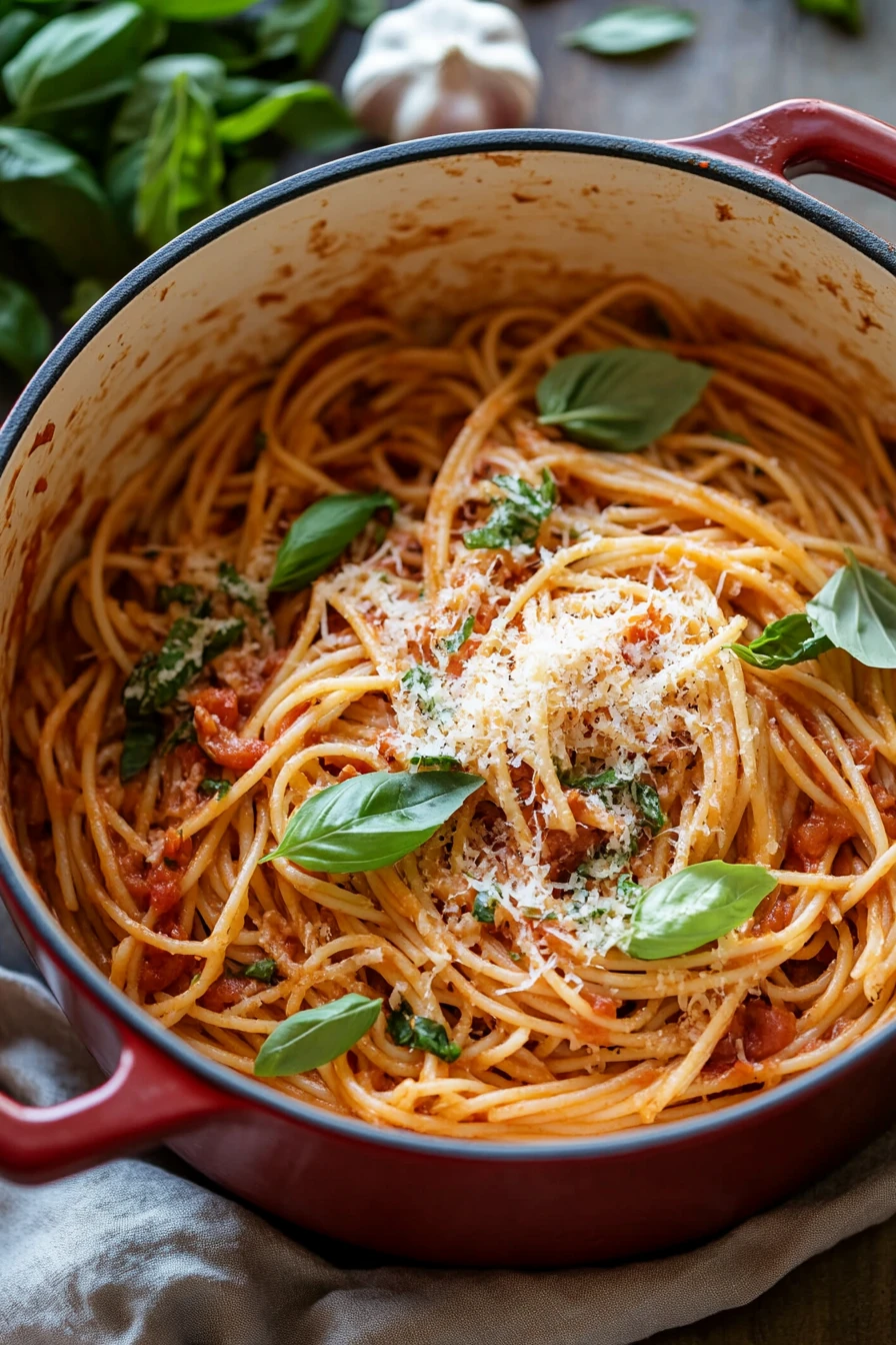Close-up of creamy one pot pasta in a dutch oven with cheese and herbs