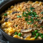 Close-up of a creamy tuna casserole skillet with pasta and herbs