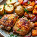 Close-up of a crispy chicken thigh dinner cooked in an air fryer with a clean background.