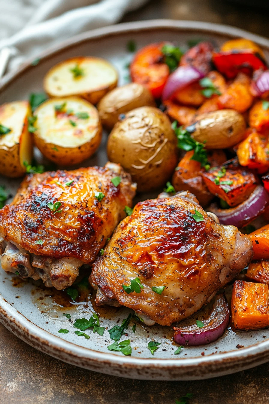 Close-up of a crispy chicken thigh dinner cooked in an air fryer with a clean background.