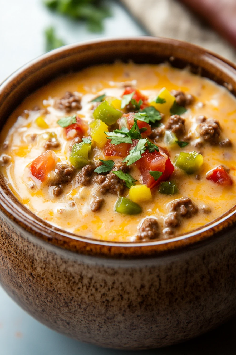 Close-up of creamy crock pot beef queso with melted cheese and beef chunks