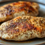 Close-up of crock pot chicken breast with creamy sauce and herbs