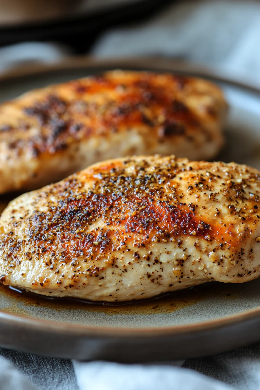 Close-up of crock pot chicken breast with creamy sauce and herbs