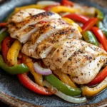 Close-up of crock pot chicken with vibrant peppers and onions in a warm, inviting setting.